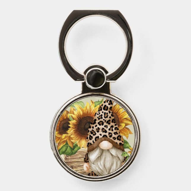 Leopard Gnome Sunflowers Phone Ring Stand (Front)