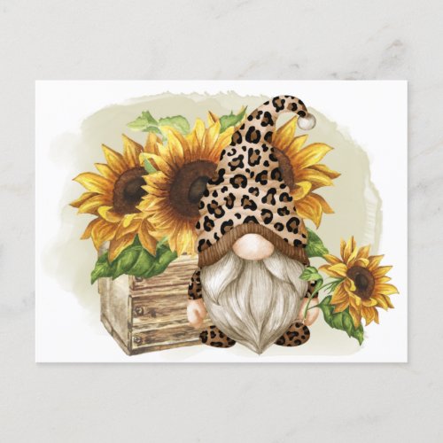 Leopard Gnome Sunflowers Postcard