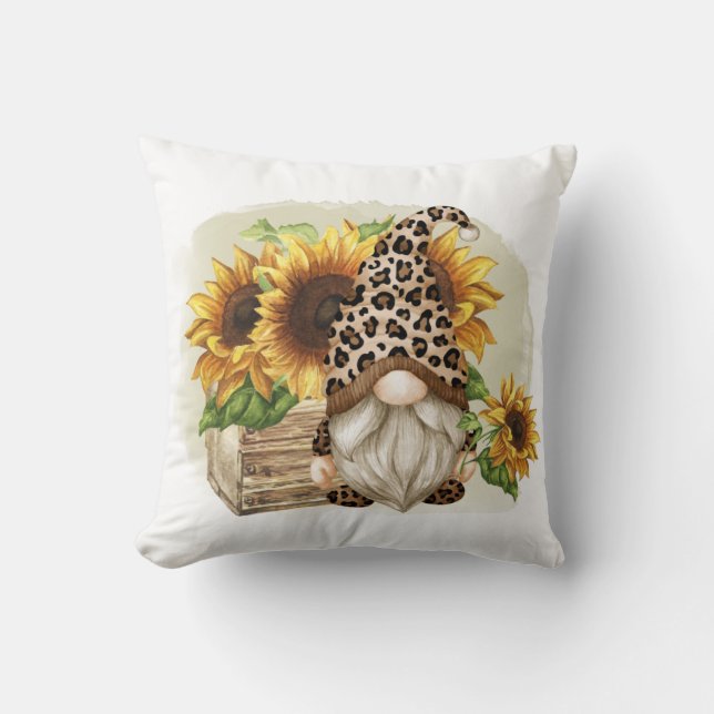 Leopard Gnome Sunflowers Throw Pillow (Front)