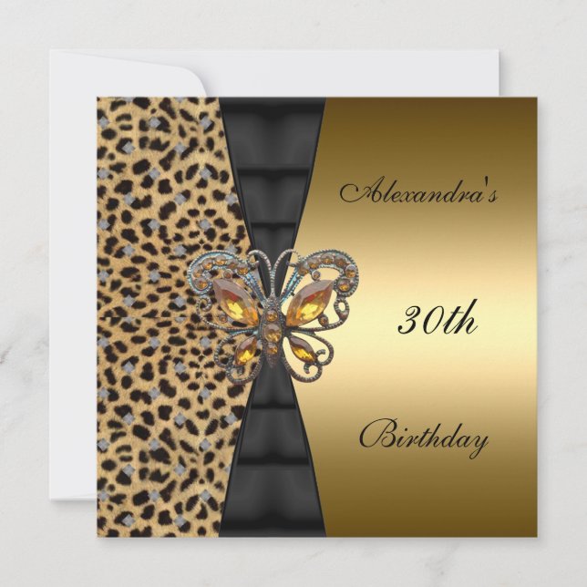 Leopard gold Animal 30th Birthday Butterfly 2 Invitation (Front)