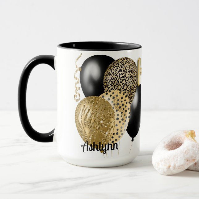 Leopard Gold Balloons Happy 16th Birthday Mug (With Donut)