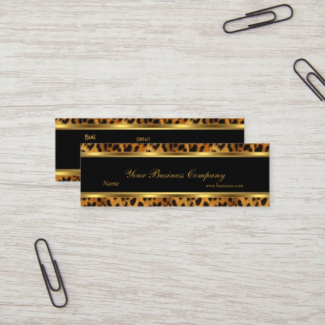 Leopard Gold Black Stripe Elegant Classy Skinny Mini Business Card (Front/Back In Situ)