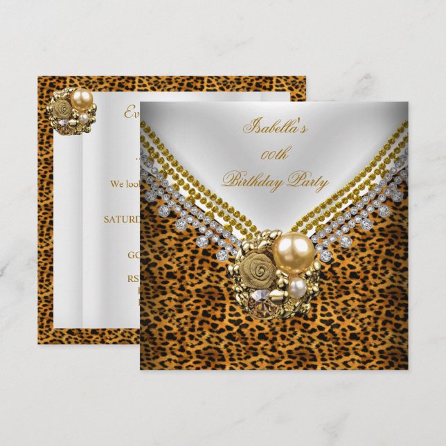 Leopard Gold Black White Elegant Birthday Party Invitation (Front/Back)