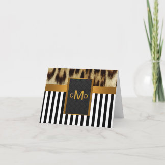 Leopard Gold Black White Stripe Monogram ThankYou Thank You Card