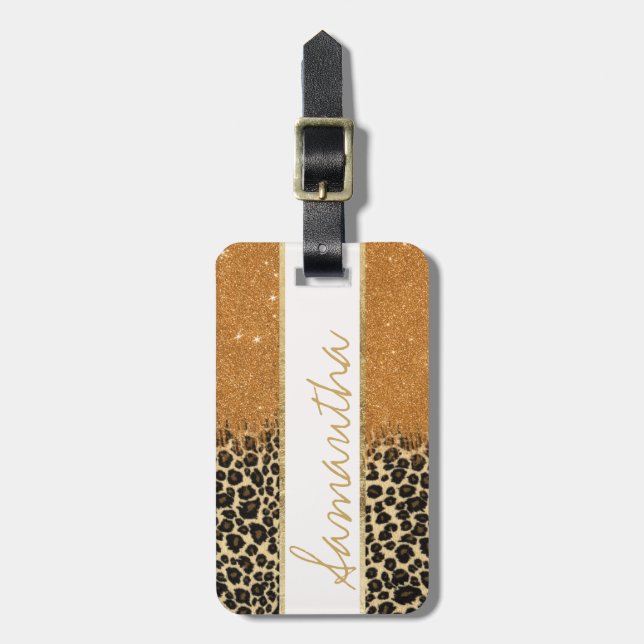 Leopard Gold Faux Glitter Brushstroke Monogram Luggage Tag (Front Vertical)
