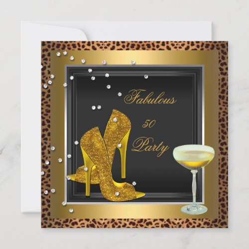 Leopard Gold High Heels Champagne Birthday Party Invitation