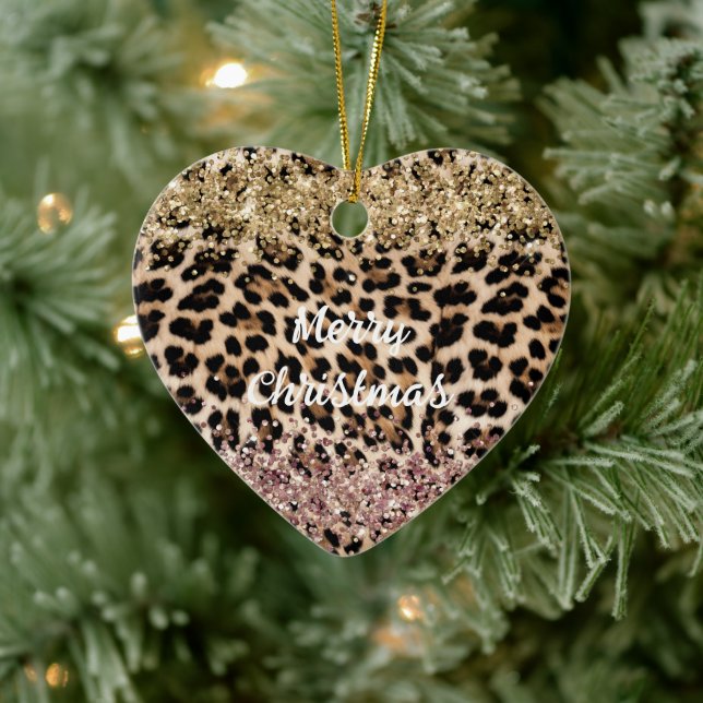 Leopard Gold Pink Glitter Ceramic Ornament (Tree)