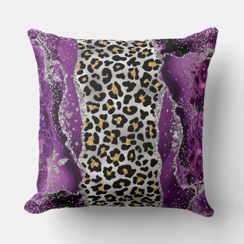 Leopard Gold Purple Roses Agate Throw Pillow