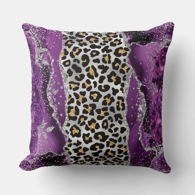 Leopard Gold Purple Roses Agate Throw Pillow (Front)