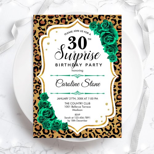 Leopard Gold White Green Surprise 30th Birthday Invitation