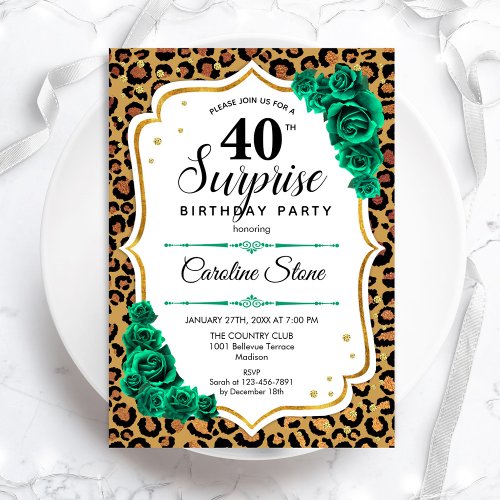 Leopard Gold White Green Surprise 40th Birthday Invitation