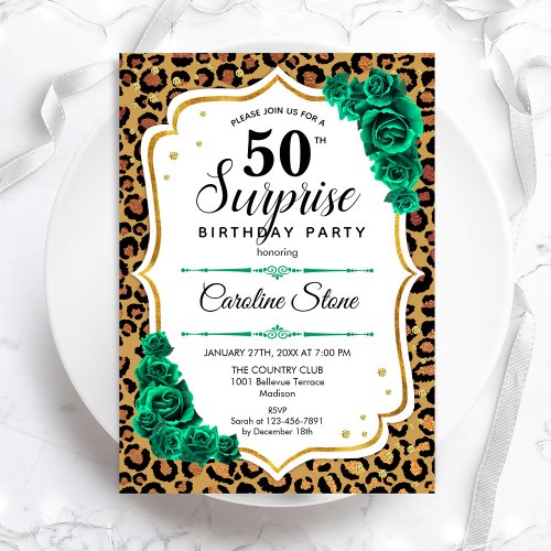 Leopard Gold White Green Surprise 50th Birthday Invitation