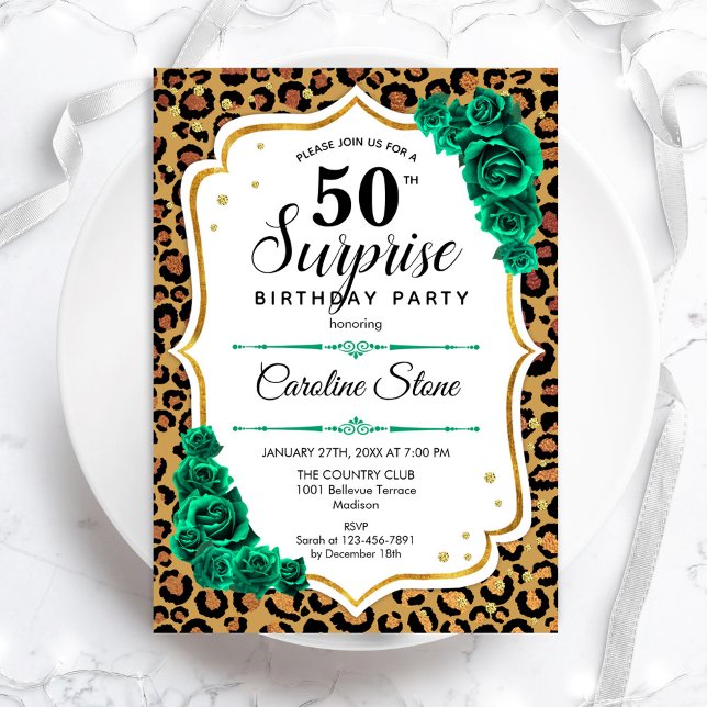 Leopard Gold White Green Surprise 50th Birthday Invitation (Creator Uploaded)