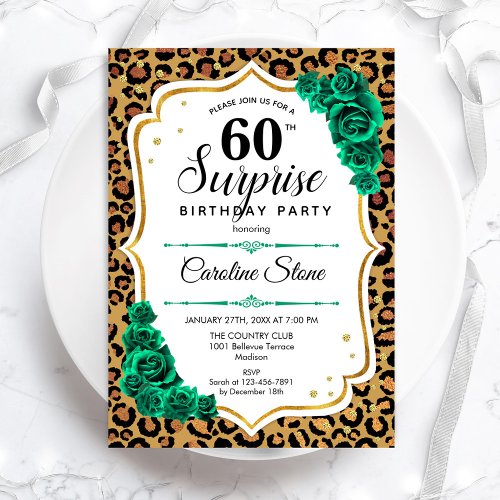 Leopard Gold White Green Surprise 60th Birthday Invitation