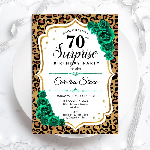 Leopard Gold White Green Surprise 70th Birthday Invitation