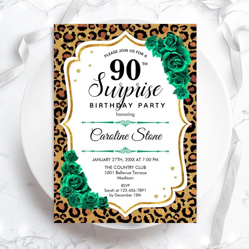 Leopard Gold White Green Surprise 90th Birthday Invitation