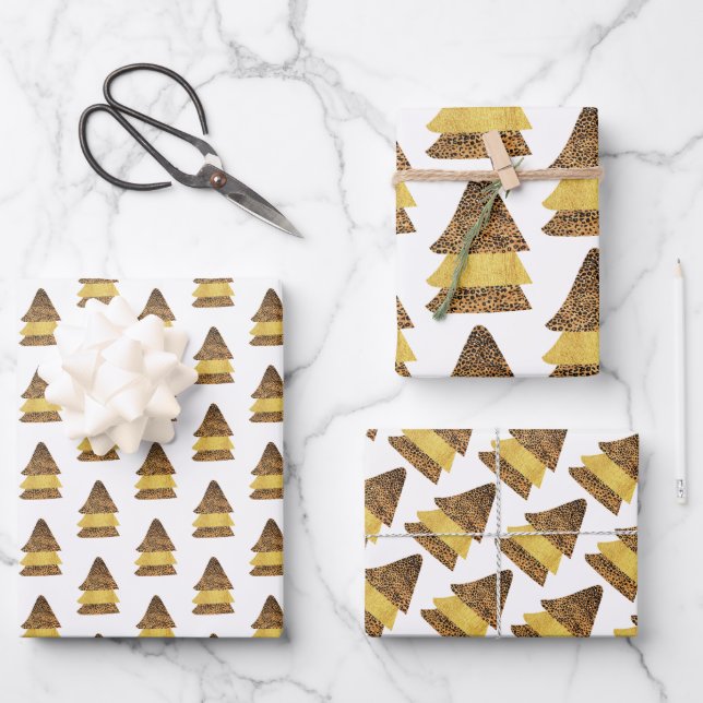 Leopard Golden Christmas Tree Pattern Wrapping Paper Sheets (Front)