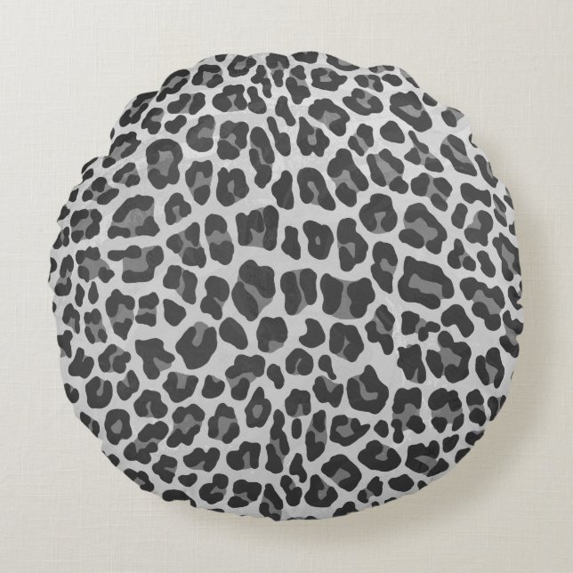 Leopard Gray and Light Gray Print Round Pillow (Front)