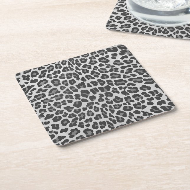 Leopard Gray and Light Gray Print Square Paper Coaster (Angled)