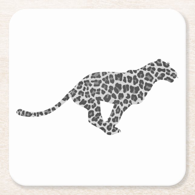 Leopard Gray and Light Gray Silhouette Square Paper Coaster (Front)