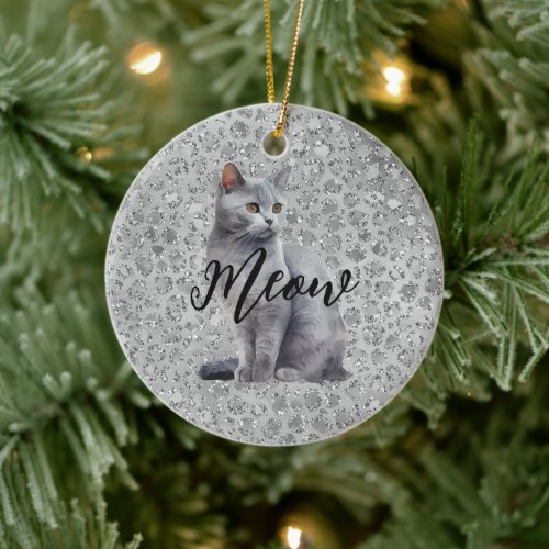 Leopard Gray Meow Kitty Cat  Ceramic Ornament