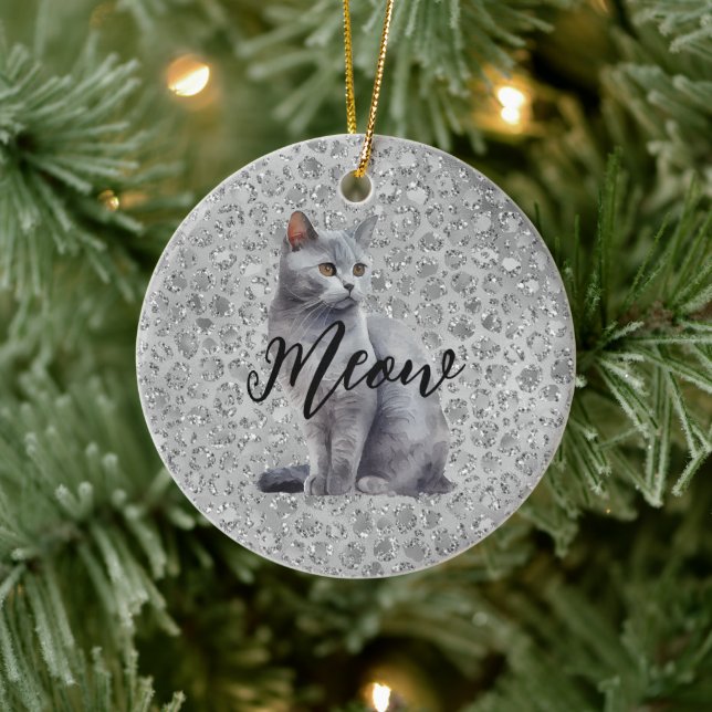 Leopard Gray Meow Kitty Cat  Ceramic Ornament (Tree)