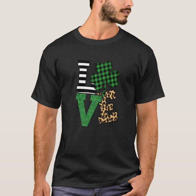 Leopard & Green Buffalo Plaid Love St Patrick's Da T-Shirt (Front)