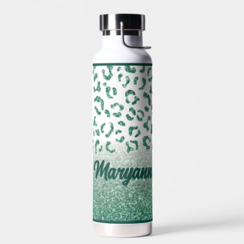 Leopard Green Glitter Animal Print Custom Name Water Bottle