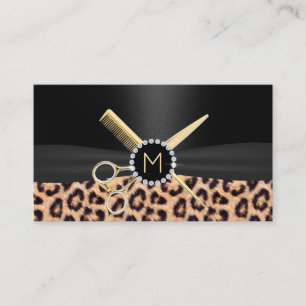 Leopard Hair Stylist Gold Scissor & Comb Luxury Business Card