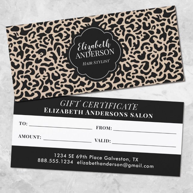 Leopard Hairstylist Beauty Salon Gift certificate (An elegant and chic leopard pattern beauty salon gift card.)