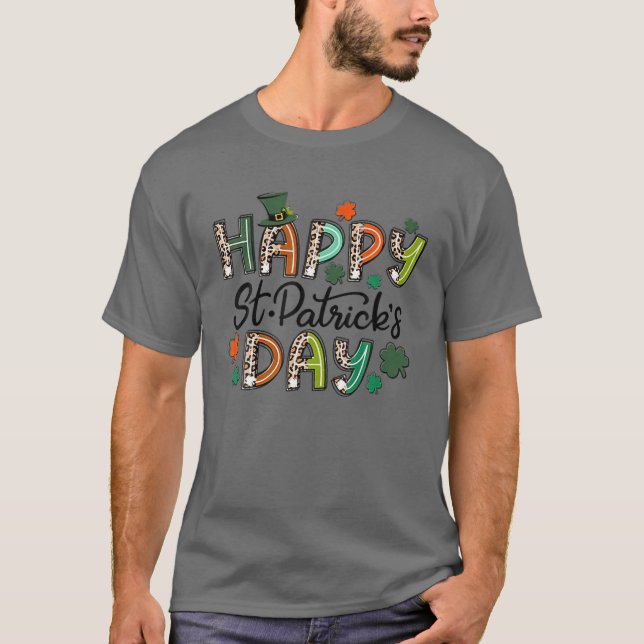 Leopard Happy St. Patrick's Day Leprechaun Hat Sha T-Shirt (Front)