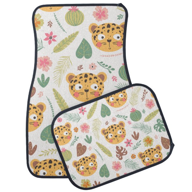 Leopard Head Tropical Plants Pattern Car Floor Mat (Set)