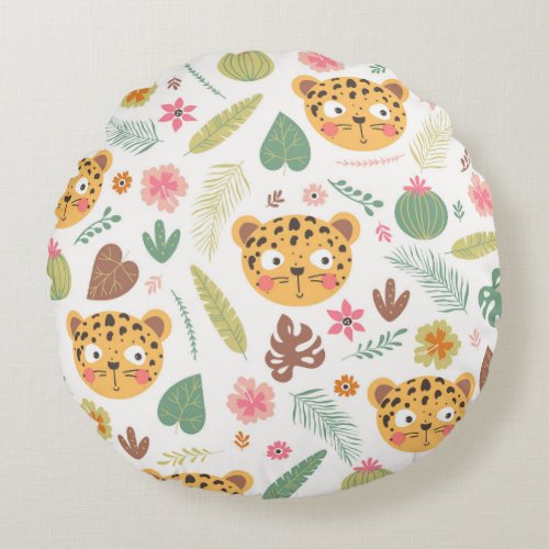 Leopard Head Tropical Plants Pattern Round Pillow