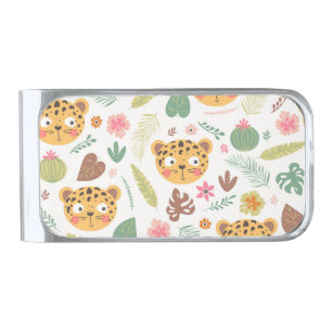 Leopard Head Tropical Plants Pattern Silver Finish Money Clip