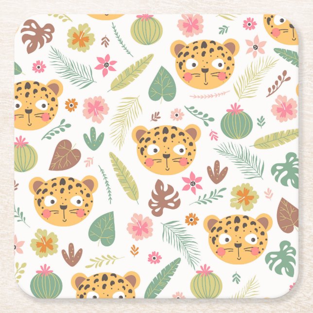 Leopard Head Tropical Plants Pattern Square Paper Coaster (Front)