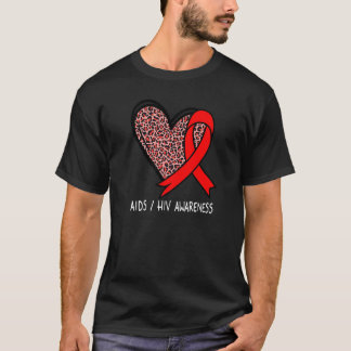 Leopard Heart AIDS  HIV Awareness Red Ribbon T-Shirt