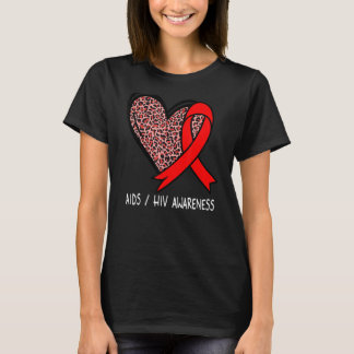 Leopard Heart AIDS   HIV Awareness Red Ribbon T-Shirt