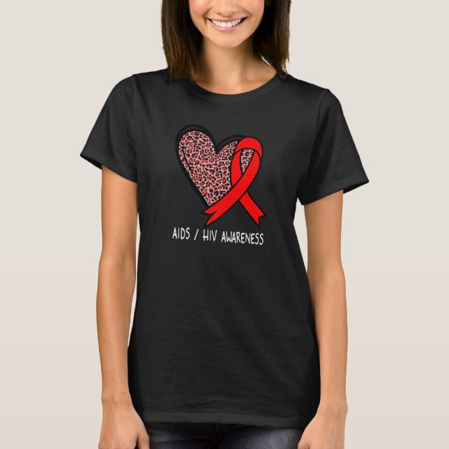 Leopard Heart AIDS  HIV Awareness Red Ribbon T-Shirt (Front)