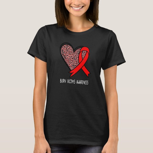 Leopard Heart Burn Victims Awareness Red Ribbon T-Shirt (Front)