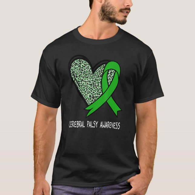 Leopard Heart Cerebral Palsy Awareness Green Ribbo T-Shirt (Front)