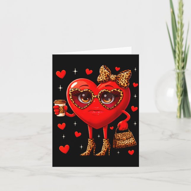 Leopard Heart Drinking Coffee Valentines Day Women Card (Front)