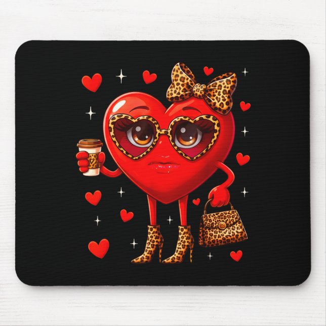 Leopard Heart Drinking Coffee Valentines Day Women Mouse Pad (Front)