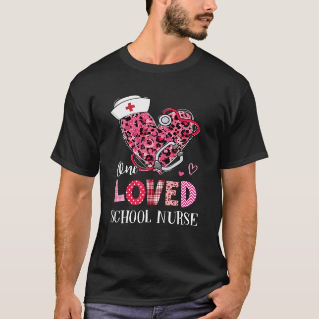 Leopard Heart One Loved School Nurse Valentines Da T-Shirt (Front)