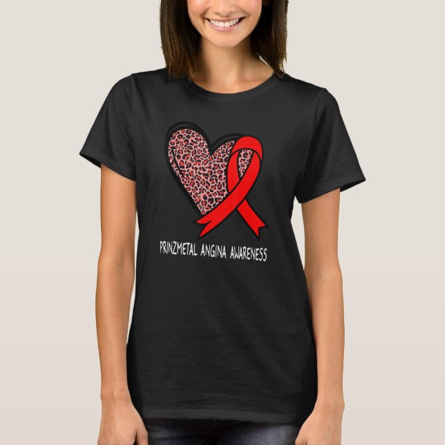 Leopard Heart Prinzmetal Angina Awareness Red Ribb T-Shirt (Front)