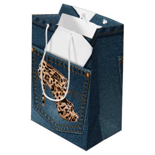 Leopard High Heel  Blue Jean Pattern Pocket Jean Medium Gift Bag