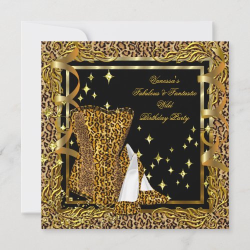 Leopard High Heel Gold Black Corset Birthday Party Invitation