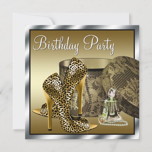 Leopard High Heel Shoes Black Gold Womans Birthday Invitation