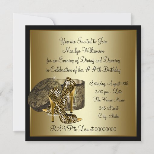 Leopard High Heel Shoes Black Gold Womans Birthday Invitation | Zazzle