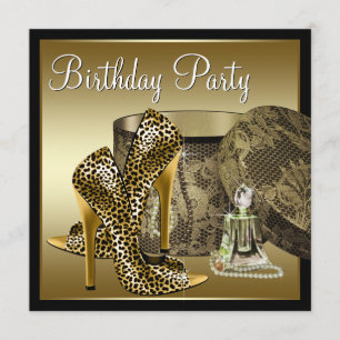 Leopard High Heel Shoes Black Gold Womans Birthday Invitation