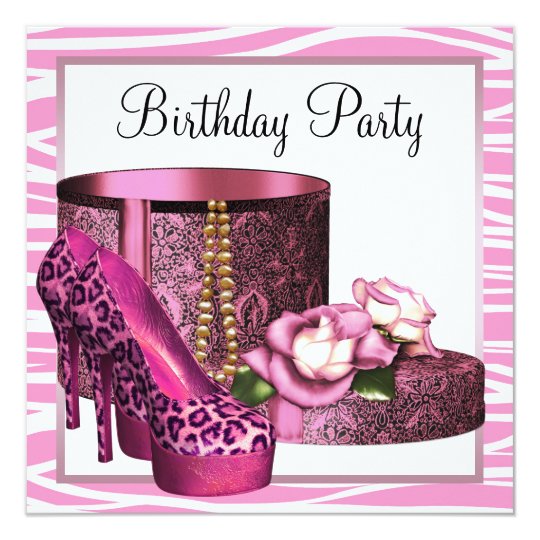 Leopard High Heel Shoes Pink Zebra Birthday Party Card | Zazzle